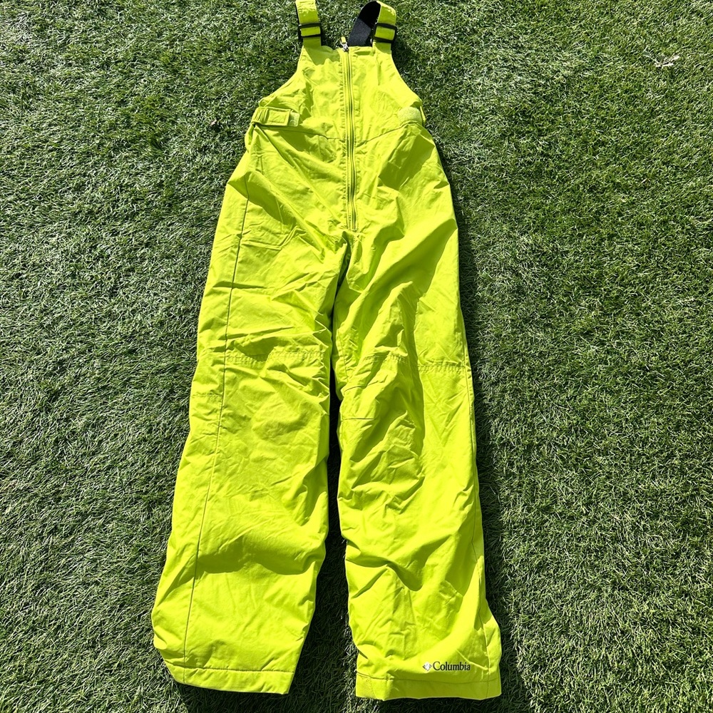 Youth Medium Columbia Snowslope II neon green ski bib snowbib